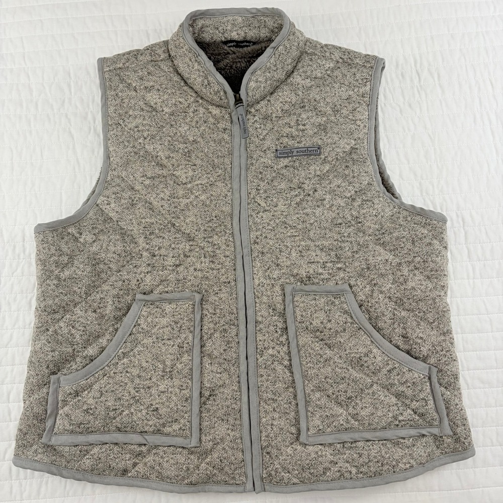 Simply Southern Gray Quilted Sherpa Lined Full Zip Vest Womens Large